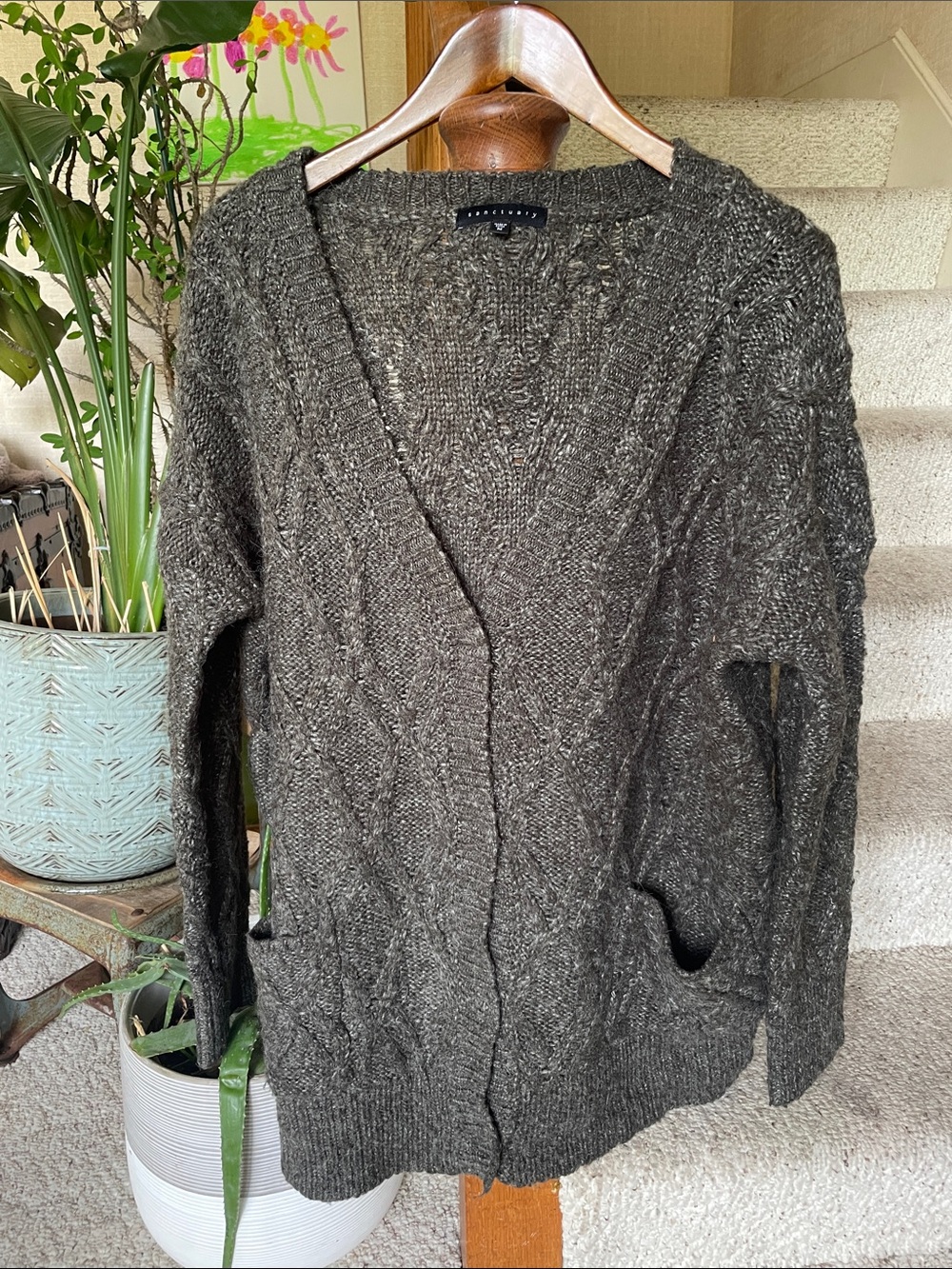 Sanctuary Dark Chunky Oversized Alpaca Wool Cable Knit OpenFront cardigan